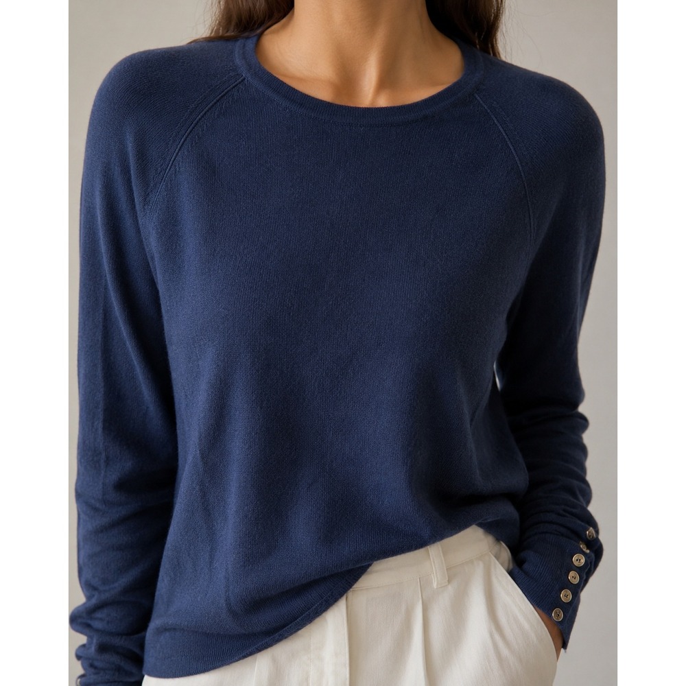 J.McLaughlin Navy Blue Button Sleeve Knit Top Sweater Small Preppy Classic